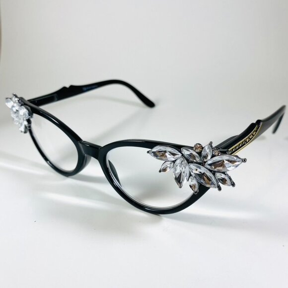 Retro Readers black frames with Clear Crystal rhinestones +2.25 reading glasses main image 2
